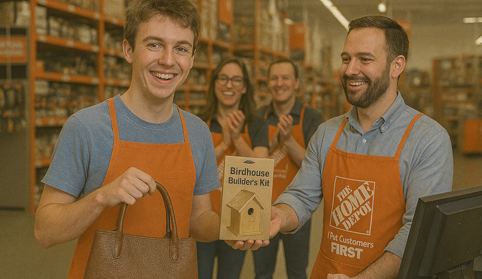 Local hero returns purse found in Home Depot parking lot, rewarded with honorary birdhouse builders kit.