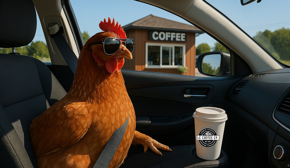 Fowl Play at Lewis County Coffee: Live Chicken Spotted Riding Shotgun, Sparks Feathery Debate